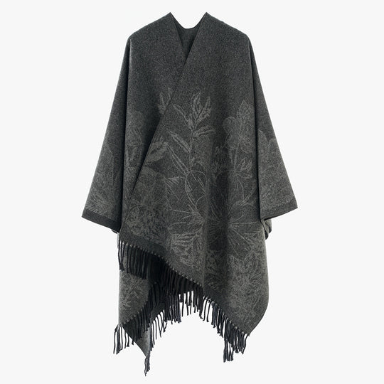 Damen Fließender Capeponcho im Kimono‑Schnitt mit feinem Blumenjacquard und Fransensaum EB