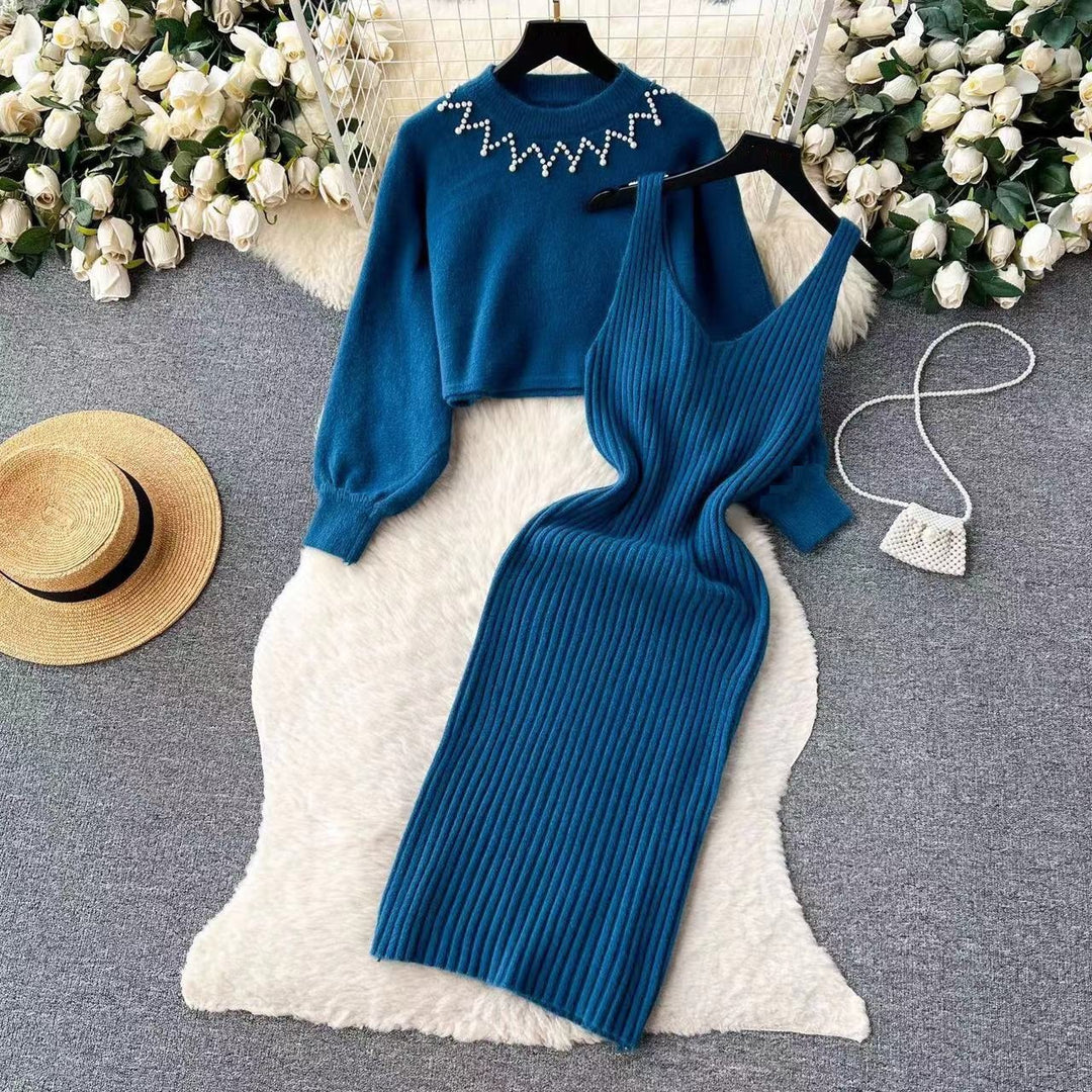Damen Elegantes Strickkleid mit raffinierter Ribstruktur und stylischem Crop-Pullover EB