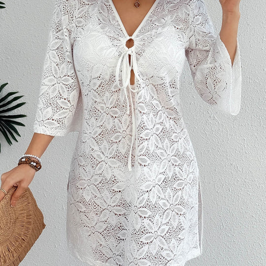 Damen Häkel-Strandkleid mit tiefem V-Ausschnitt EB