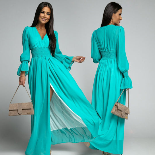 Damen Maxi-Kleid mit tiefem V-Ausschnitt und voluminösen Ärmeln EB
