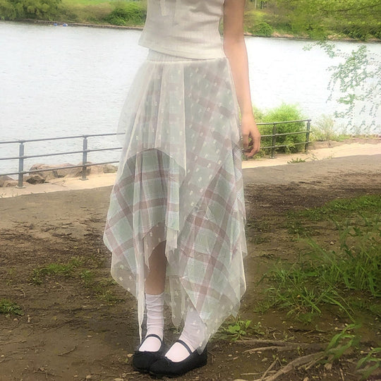 Damen Asymmetrischer Plissee-Rock mit transparentem Chiffonüberwurf und kariertem Design EB