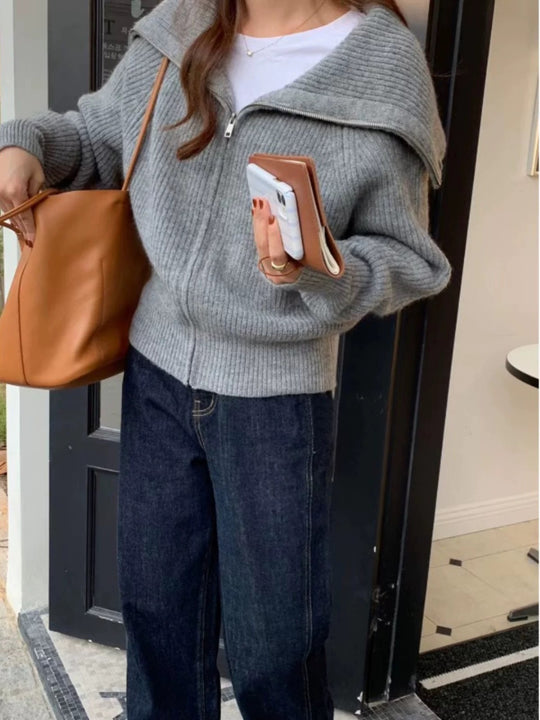 Damen Modischer Oversized-Pullover mit Kragen und Reißverschluss EB