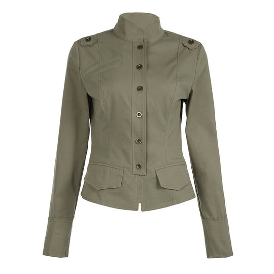 Damen nan taillierte Utility‑Militärjacke mit Stehkragen, Schulterpatten und aufgesetzten Pattentaschen EB