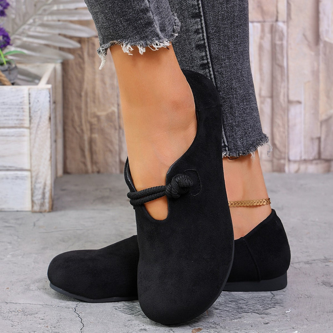 Damen  legere Ballerina Halbschuhe aus Veloursoptik mit dekorativer Knotenlasche und flexibler rutschfester Sohle EB