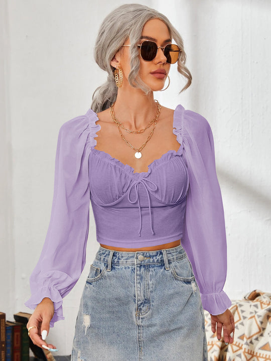 Damen Cropped-Bluse mit Rüschen und eleganten Puffärmeln EB