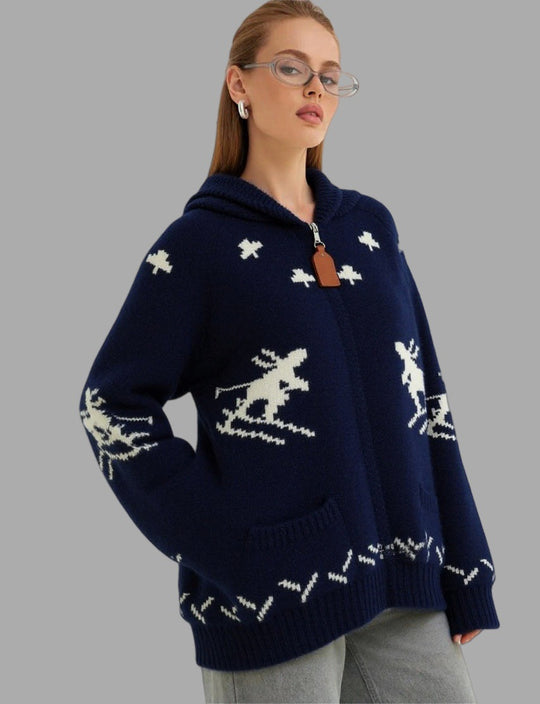 Damen Strickjacke mit Kapuze und sportlichem Muster EB