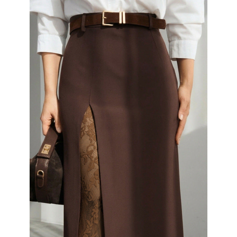 Damen Eleganter Maxirock mit transparentem Spitzeneinsatz und seitlichem Schlitz EB