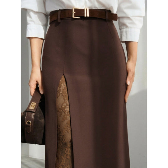 Damen Eleganter Maxirock mit transparentem Spitzeneinsatz und seitlichem Schlitz EB