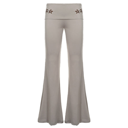 Damen nan Yogahose Flared mit Umschlagbund, komfortable Bootcut-Passform und Laser-Cut Blütendetail EB