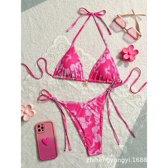 Damen Triangel-Bikini mit floralen Mustern und feinen Bindebändern EB