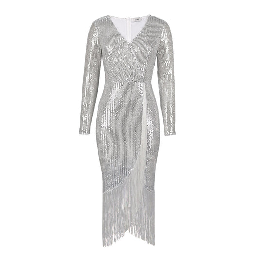 Damen Abendkleid mit glitzerndem Paillettenbesatz und fransierenden Akzenten EB