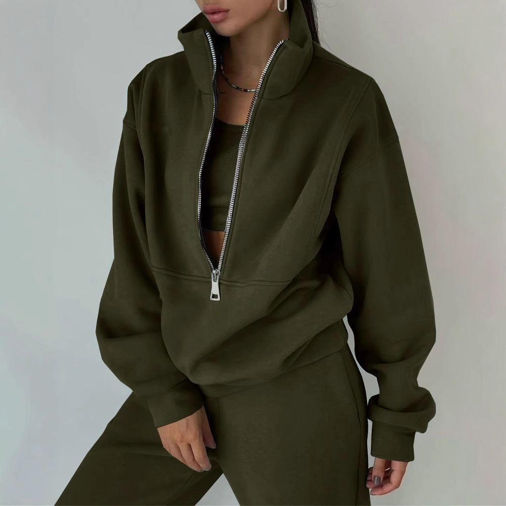 Damen Lässiger Oversized-Hoodie und Jogginghose Set mit Praktischem Reißverschluss EB