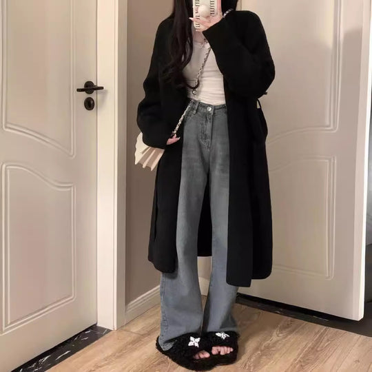 Damen langärmliger Strickcardigan aus weichem Material mit offenen Kanten EB
