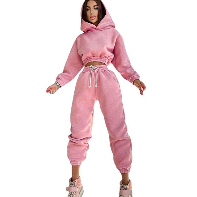 Damen nan Cropped-Hoodie-Loungewear-Set mit elastischem Rippbund, hoher Taillen-Jogginghose und dekorativem Kordelzug EB