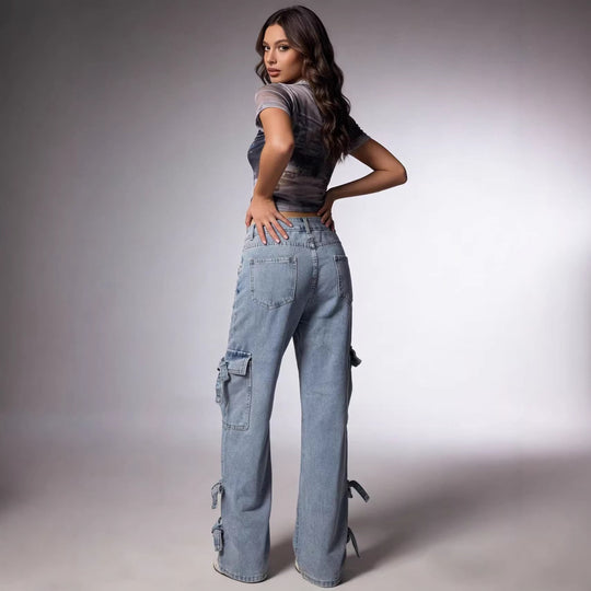 Damen Weite Cargo-Jeans mit Bindebändern