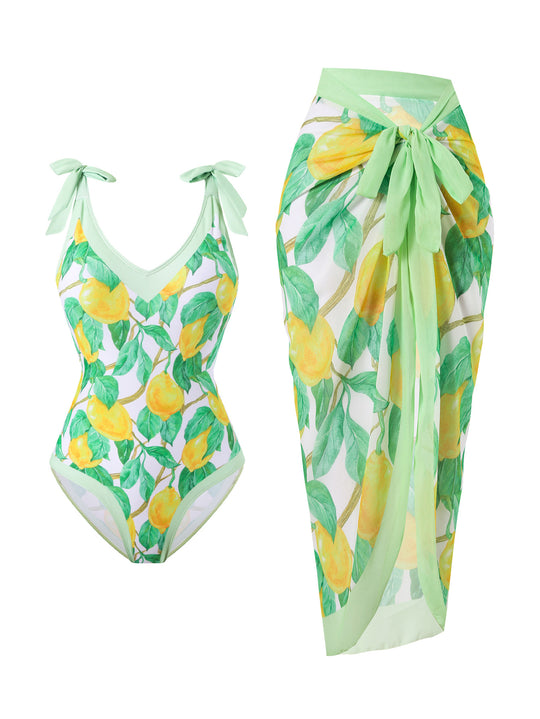 Damen Badeanzug mit floralem Design und transparentem Wickelrock EB
