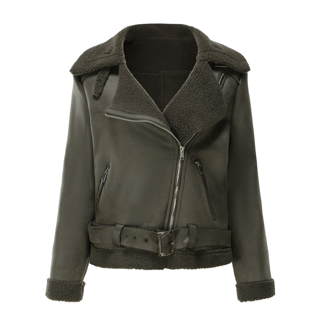 Damen nan taillierte Lammfellimitat-Fliegerjacke mit Gürtel und Teddyfutter EB