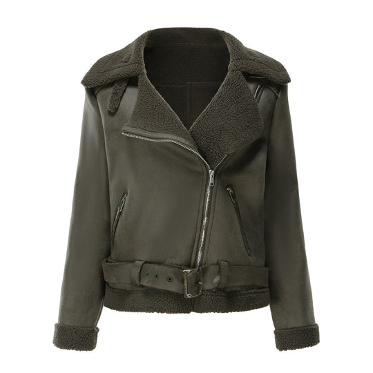 Damen nan taillierte Lammfellimitat-Fliegerjacke mit Gürtel und Teddyfutter EB