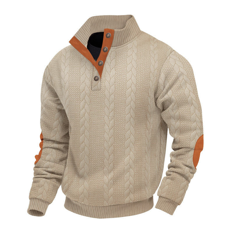 Herren nan grober Zopfstrick Troyer mit Knopfleiste und Veloursleder-Ellenbogenpatches EB