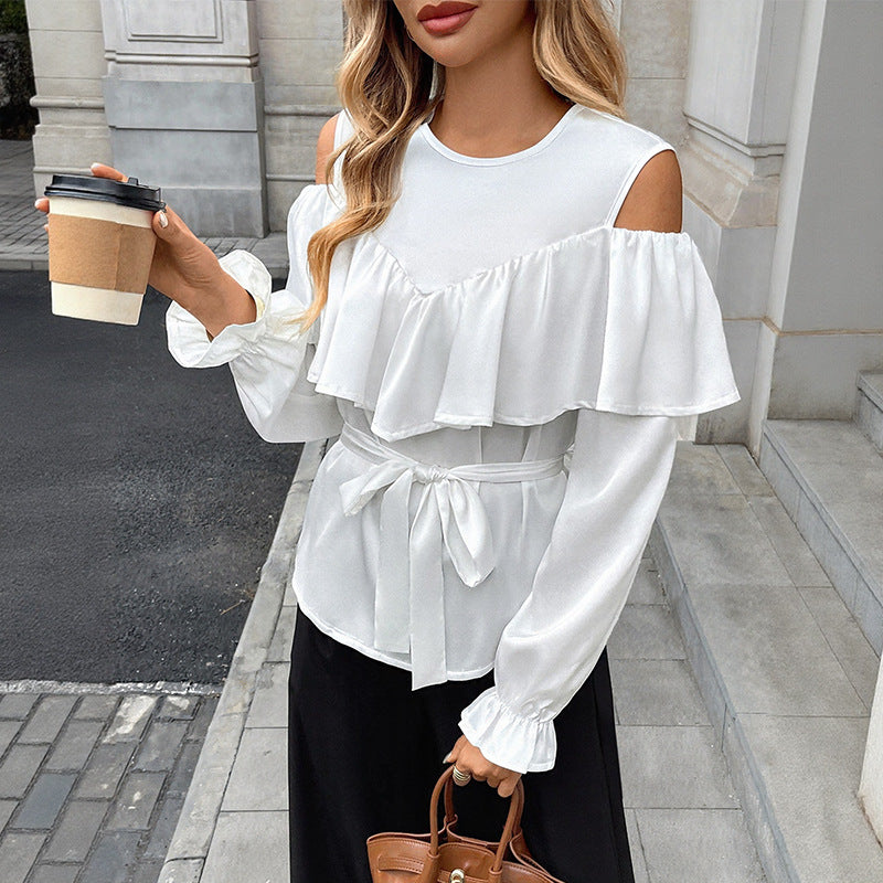 Damen Elegant-Volant-Bluse mit Cut-Out-Schulter und Bindegürtel EB