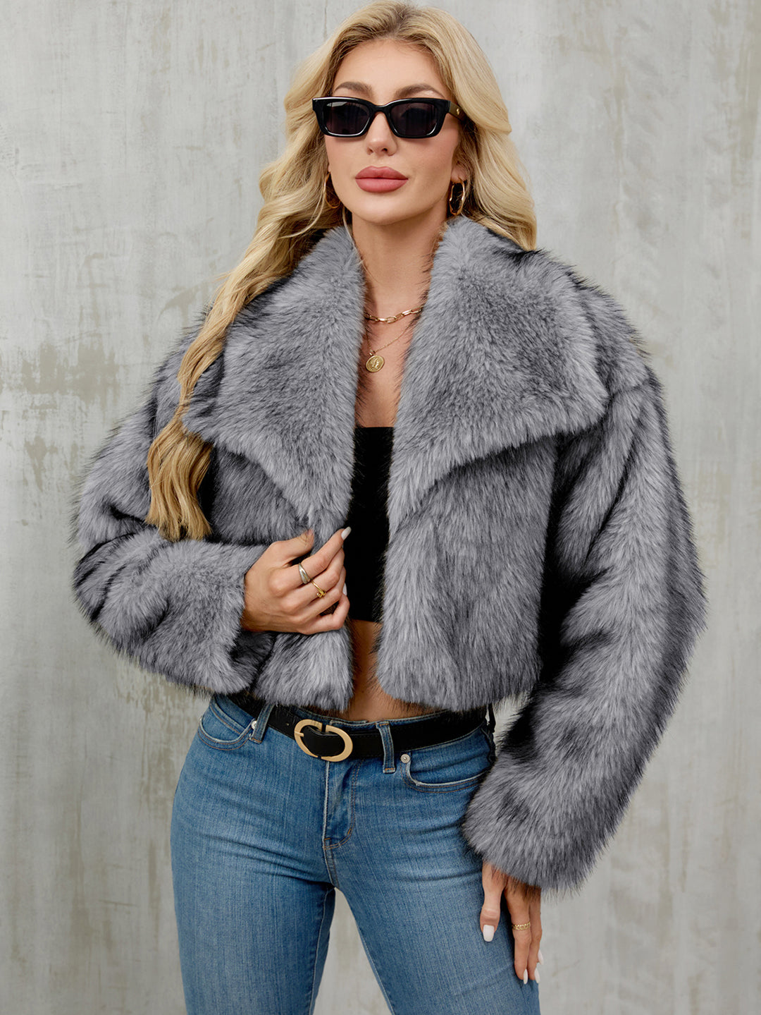Damen Modische Kunstpelzjacke mit großem Revers EB