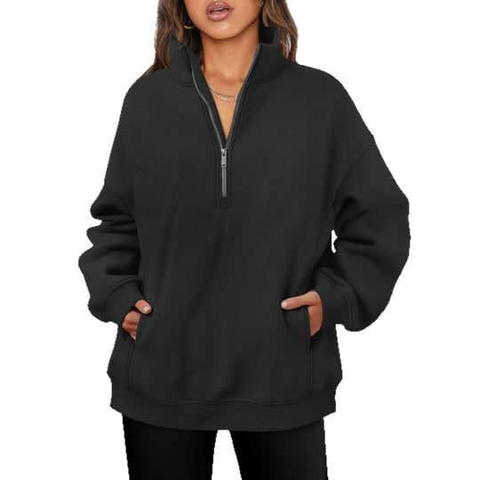 Damen nan oversized Halbzip-Pullover mit Stehkragen, Kängurutasche und Rippbündchen EB