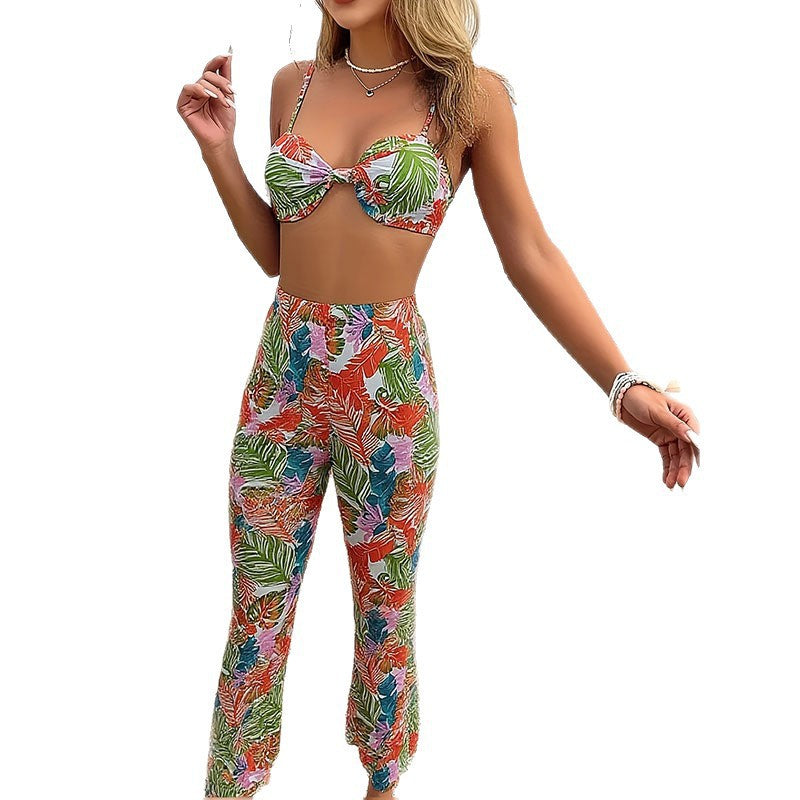 Damen Crop-Top-Hose-Set mit tropischem Muster EB