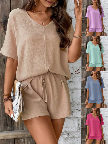 Damen Bequeme V-Ausschnitt Bluse mit Shorts EB