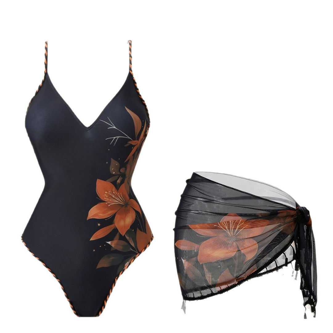 Damen Mode-Badeanzug mit floralem Design und transparentem Wickelrock EB