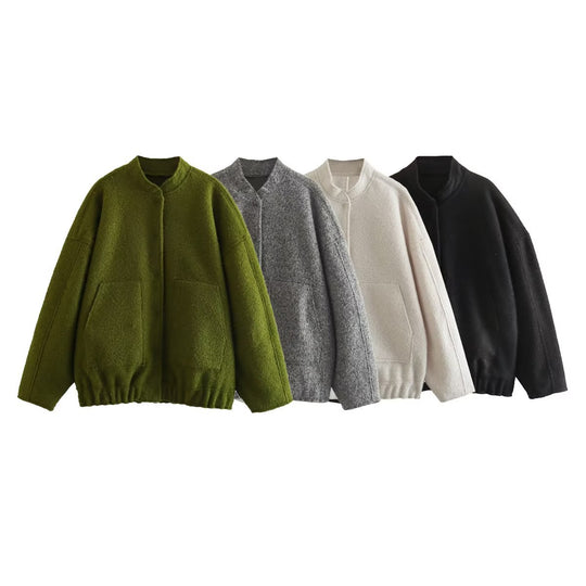Damen flauschige Oversized-Jacke mit praktischen Taschen und elegantem Stehkragen EB