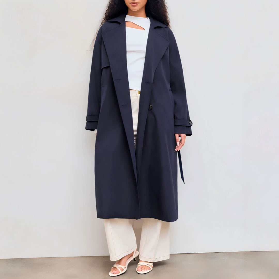 Damen Langer Trenchcoat-Mantel mit weiter Silhouette, Reverskragen und Taillengürtel EB
