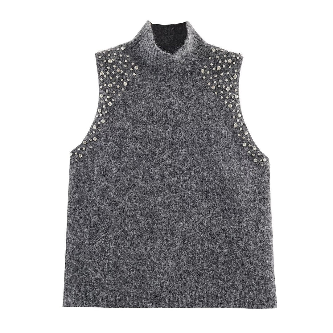 Damen ärmelloses Strickoberteil mit eleganten Perlenverzierungen EB