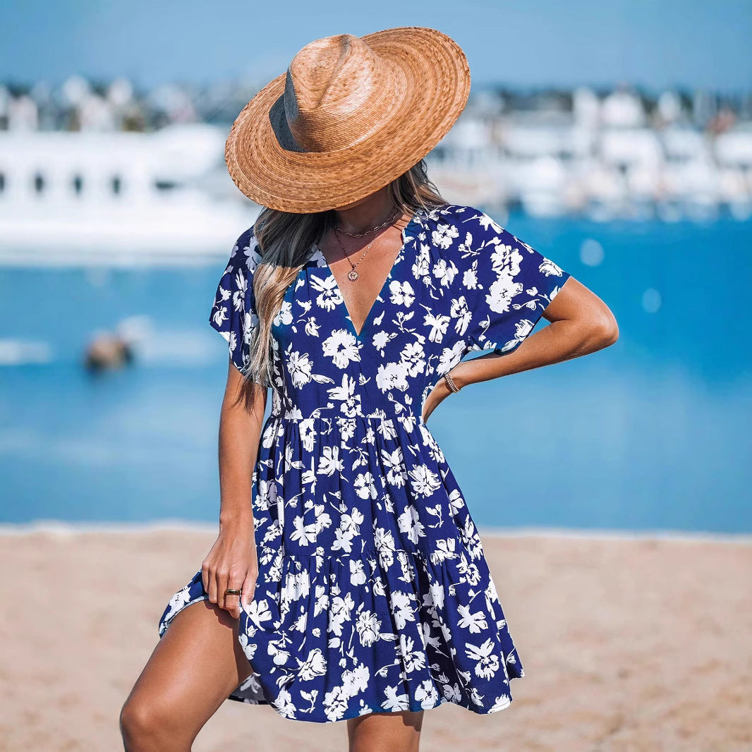 Damen verspieltes Sommerkleid mit V-Ausschnitt und luftigen Ärmeln EB