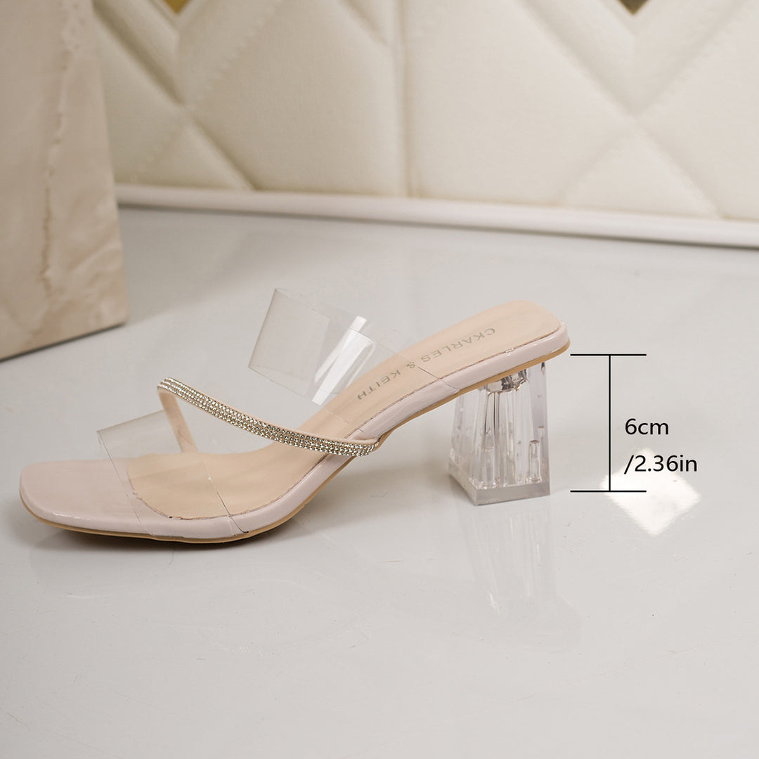 Damen Elegante Sandaletten mit transparentem Riemchen und glitzerndem Blockabsatz EB