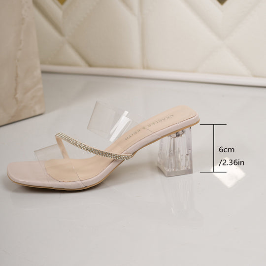 Damen Elegante Sandaletten mit transparentem Riemchen und glitzerndem Blockabsatz EB