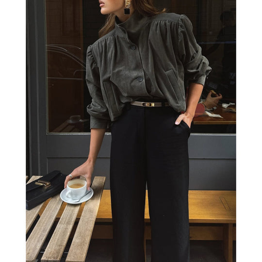 Damen elegante Jacke mit strukturierten Puffärmeln und Knopfdetail EB