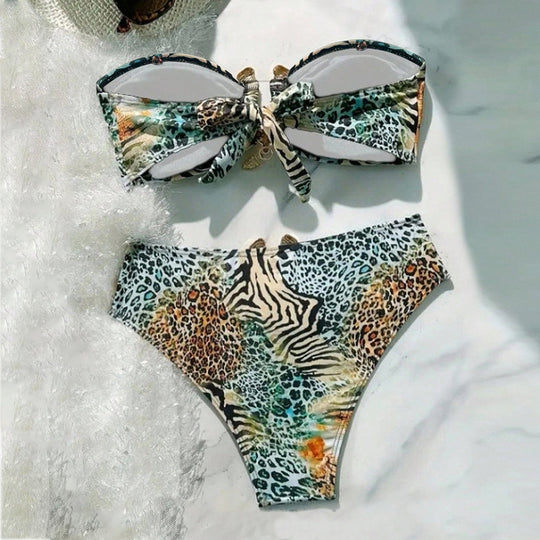 Damen Bandeau-Bikini mit animalischem Muster und dekorativem Verschluss EB
