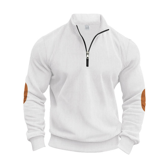Herren nan strukturierter Baumwoll-Strickpullover mit halbem Reißverschluss und Ellenbogenbesatz EB
