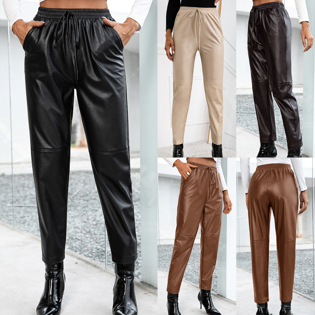 Damen modische Kunstlederhose mit elastischem Bund und seitlichen Taschen EB