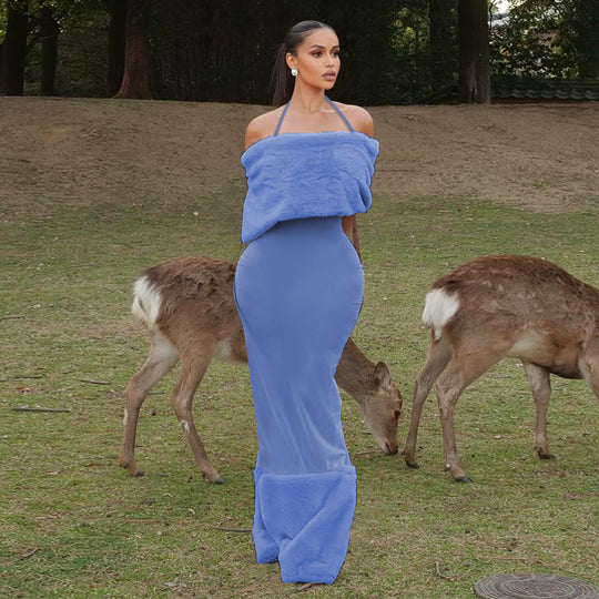 Damen elegantes Maxikleid mit trägerlosem Design und fließendem Stoff EB