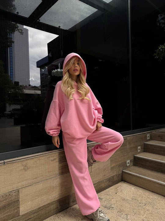 Damen Kuscheliges Oversize-Hoodie-Set mit weichgefütterter Kapuze und palazzoähnischer Loungehose EB