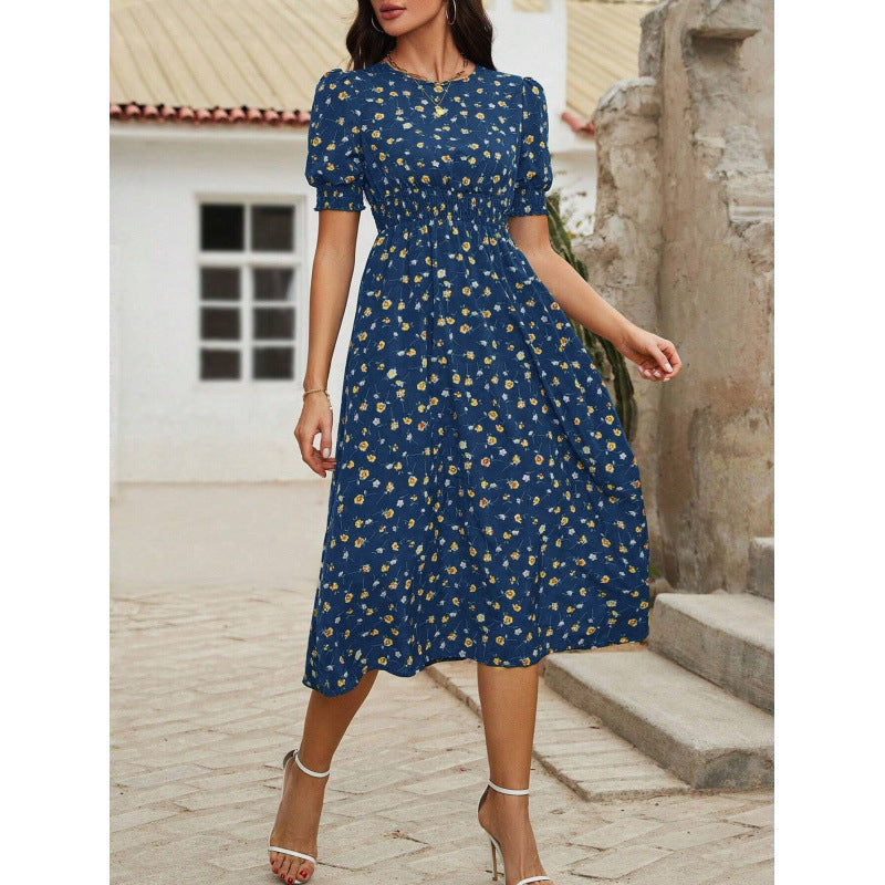 Damen Leichtes Blumendruck Maxi Kleid mit Smock-Taille EB