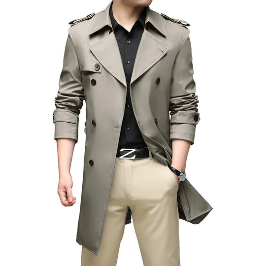 Herren Moderner Slim-Fit Trenchcoat mit Epauletten und doppelreihiger Knopfleiste EB