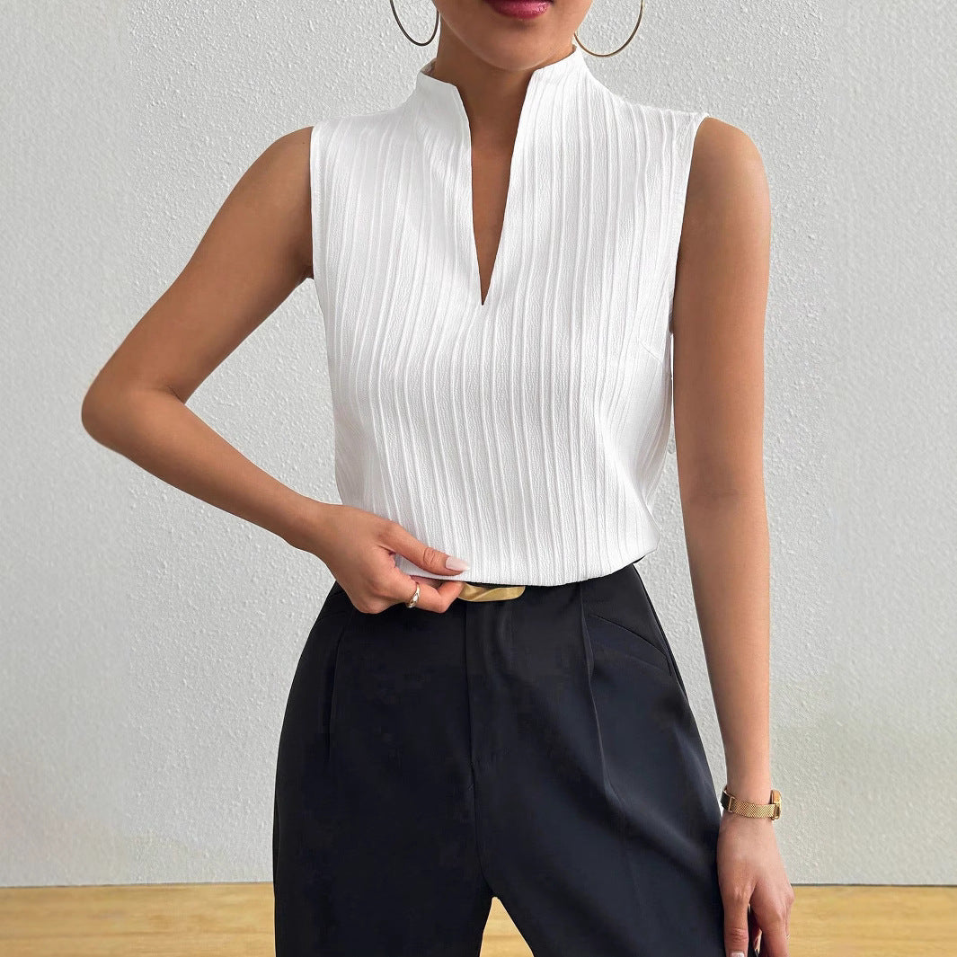 Damen Elegantes Top mit Stehkragen und feinen Plisseefalten EB