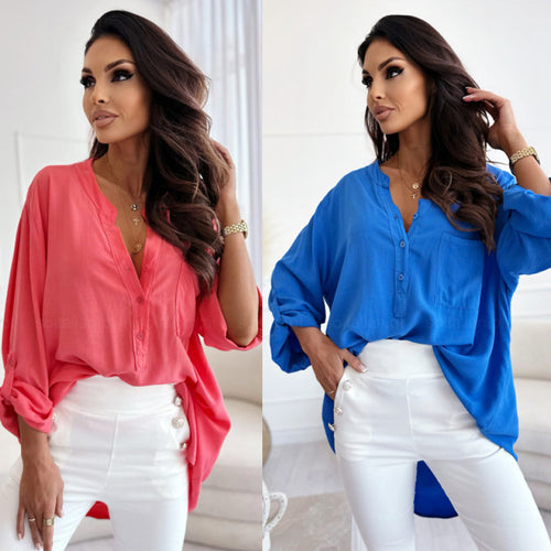 Damen lässige Longbluse mit Knopfleiste und oversized Schnitt EB