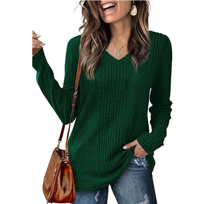Damen modischer V-Ausschnitt Pullover mit Rippstruktur EB