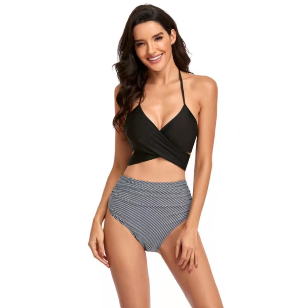Damen Hochgeschnittener Bikini mit Wickeloberteil und floralen Mustern EB