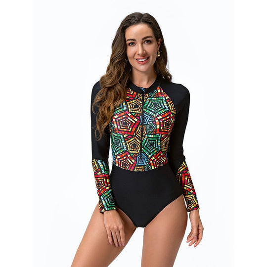 Damen Langarm-Surfanzug mit stylischem Reißverschluss und buntem Muster EB