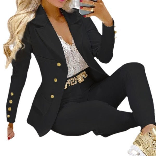 Damen nan tailliertes Doppelreiher-Blazer-Set mit goldknopf-Detail und hochtaillierter Slimhose EB