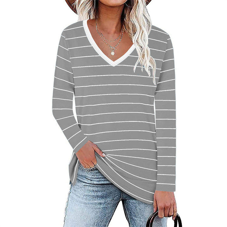 Damen V-Ausschnitt Langarmshirt mit Streifenmuster und seitlichen Schlitzen EB